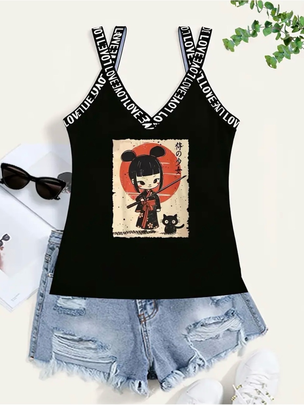 LOVE Letter Black Graphic Tank Top with Strappy Text-Detail